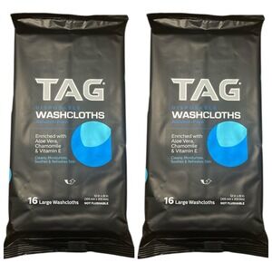 Lot of 2 Tag Disposable Washcloths Alcohol-Free 16 Pack 12x8" Moisturizing